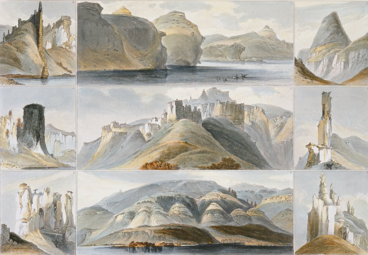 फ्रेडरिक सलेठे (1793-1858) 1844 (एक्वाटिंट) द्वारा उत्कीर्ण &39;ट्रेवल्स इन नॉर्थ अमेरिका&39; के वॉल्यूम 2 से अपर मिसौरी में उल्लेखनीय हिल्स द्वारा कार्ल बॉडर