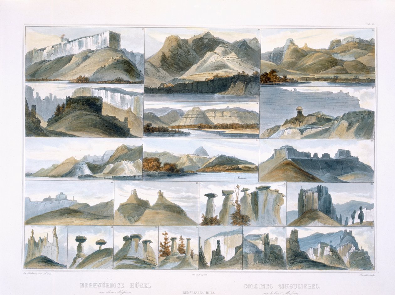 फ्रेडरिक सलेठे (1793-1858) 1844 (एक्वाटिंट) द्वारा उत्कीर्ण &39;ट्रेवल्स इन द नॉर्थ अमेरिका के आंतरिक भाग&39; के खंड 2 से अपर मिसौरी में उल्लेखनीय हिल्स द्वारा कार्ल बॉडर