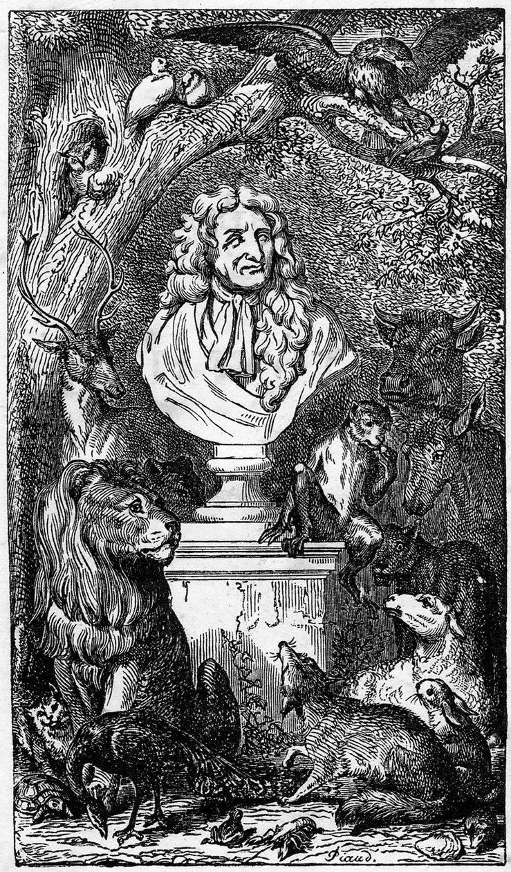 जानवरों से घिरे जीन डे ला फोंटेन की अलंकारिक प्रतिमा; Fables de la Fontaine . की एक पुस्तक का अग्रभाग द्वारा कार्ल गिरधारी