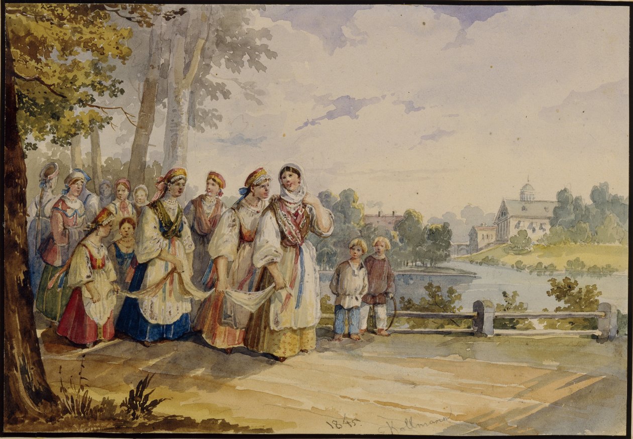 फेस्टिवल ड्रेस के साथ रूसी किसान लड़कियां, 1845 द्वारा कार्ल इवानोविच कोलमन