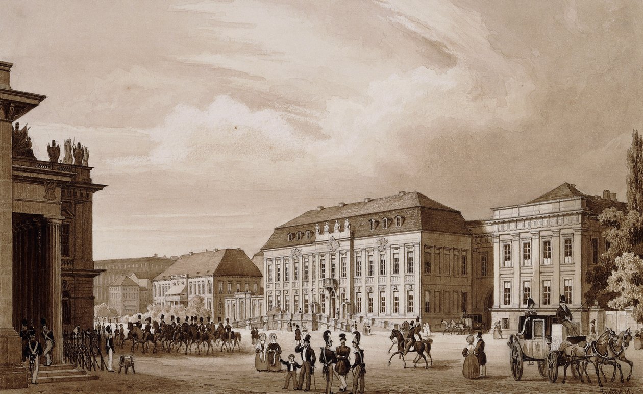Unter den Linden, बर्लिन। द न्यूज़ वेक का एक दृश्य क्रोंप्रिनज़ेनपलाइस से प्रिंज़ेसिनपलाइस के साथ दाईं ओर और कोमांडुरेट से बाईं ओर, द्वारा कार्ल लोइलोट हार्टविग