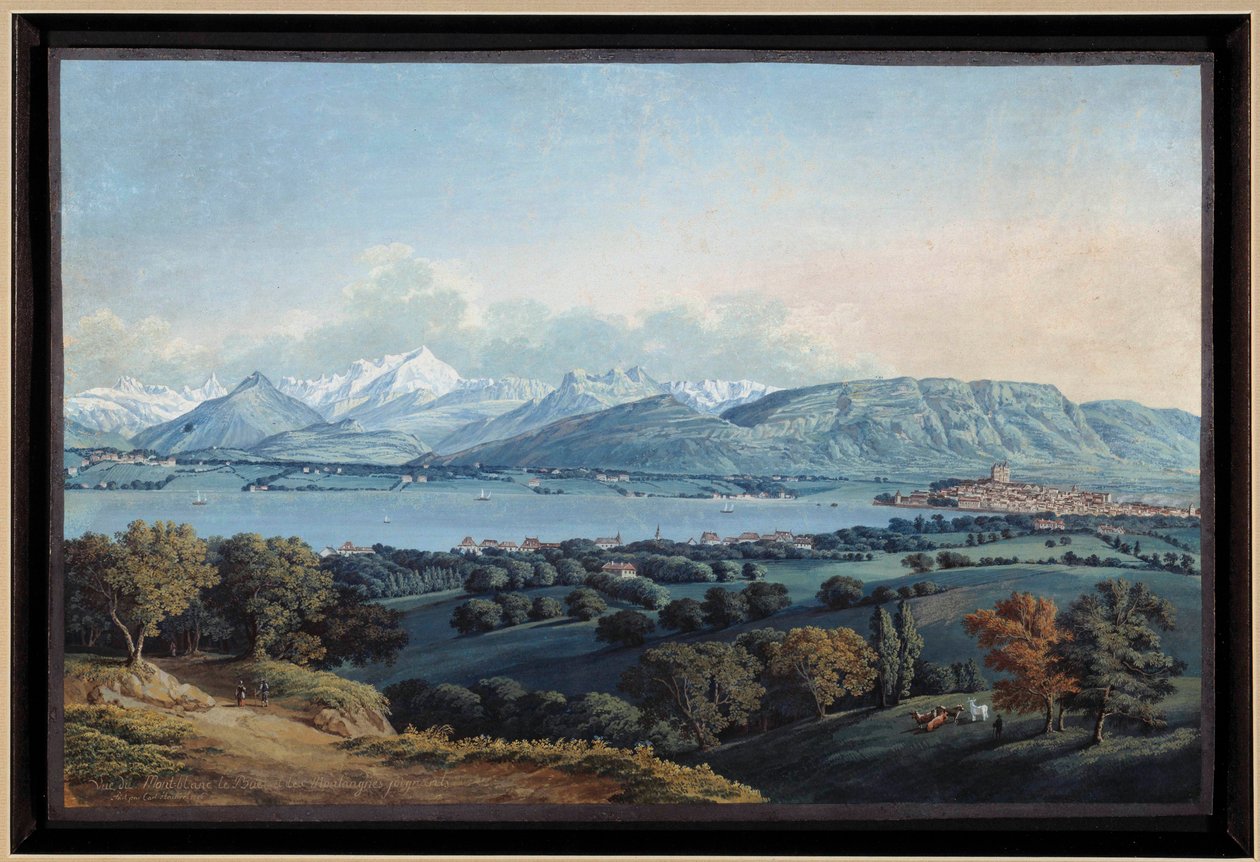 कार्ल हैकर (1740-1800) द्वारा 19वीं सदी के निजी संग्रह द्वारा लेक लेमन और मोंट ब्लांक वॉटरकलर के साथ जिनेवा का दृश्य द्वारा कार्ल लुडविग हैकर्ट