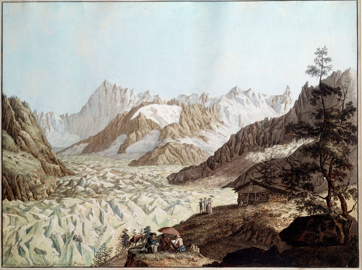 कार्ल हैकर्ट (1740-1800) (ई.सी.एल.) 1781 फ्रैंकफर्ट द्वारा आल्प्स इलस्ट्रेशन में शैमॉनिक्स के पास माउंट एवर्ट के बर्फ के समुद्र का दृश्य। Stadelsches Kunstinstitut द्वारा कार्ल लुडविग हैकर्ट