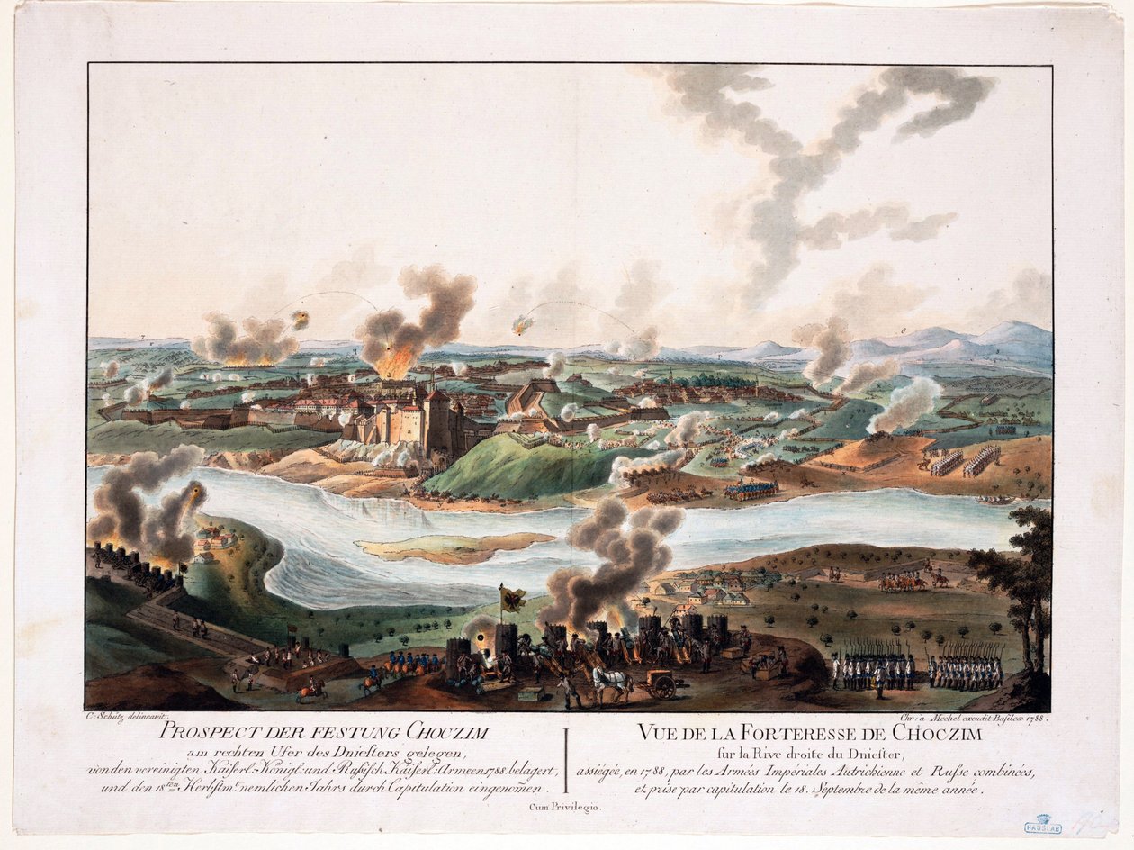 1788 में खोतिन (चोकिम, चोटिन, हॉटिन, चोक्ज़िम या खोतिन, यूक्रेन) की घेराबंदी - शूएट्ज़, कार्ल (1745-1800) - 1788 - कॉपर उत्कीर्णन, जल रंग - 36,6x48,3 - निजी संग्रह द्वारा कार्ल वॉन (बाद) संरक्षण