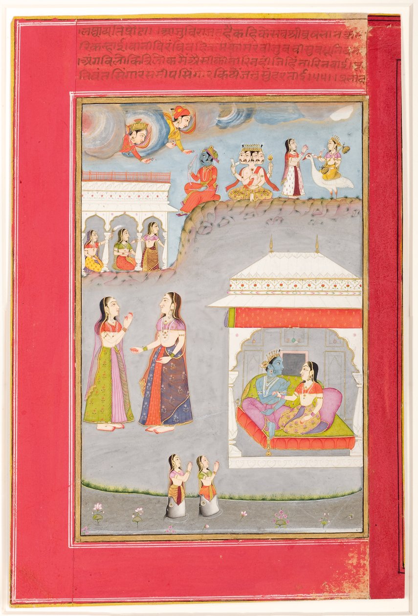 लब्धप्रदा नायिका: एक मंडप में प्रेमी, कामा, ब्रह्मा और सरस्वती ऊपर, 1750 (कागज पर अपारदर्शी wc und सोना) द्वारा Kassam