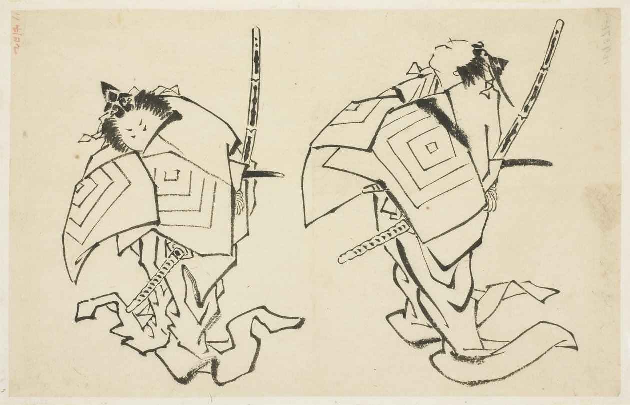 डेंजुरो वी या VI, काबुकी एक्टर, अरिगोटो रोल में (दो अध्ययन), c.1815-1849 (स्याही के आधार पर) द्वारा कटुशिका (स्कूल ऑफ होकुसाई)