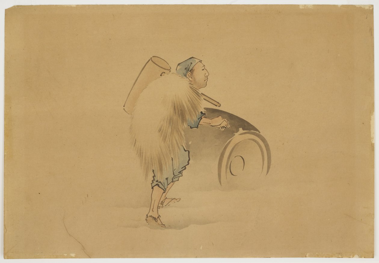 मैलेट रोलिंग बैरल के साथ आदमी, c.1850 (कागज पर स्याही और रंग) द्वारा कटुशिका (स्कूल ऑफ होकुसाई)