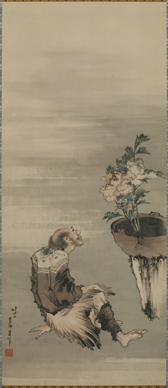 एक बैठा हुआ आदमी, चित्तीदार peonies, ईदो अवधि (कागज पर स्याही और रंग) को देखते हुए द्वारा कत्सुशिका होकुसाई