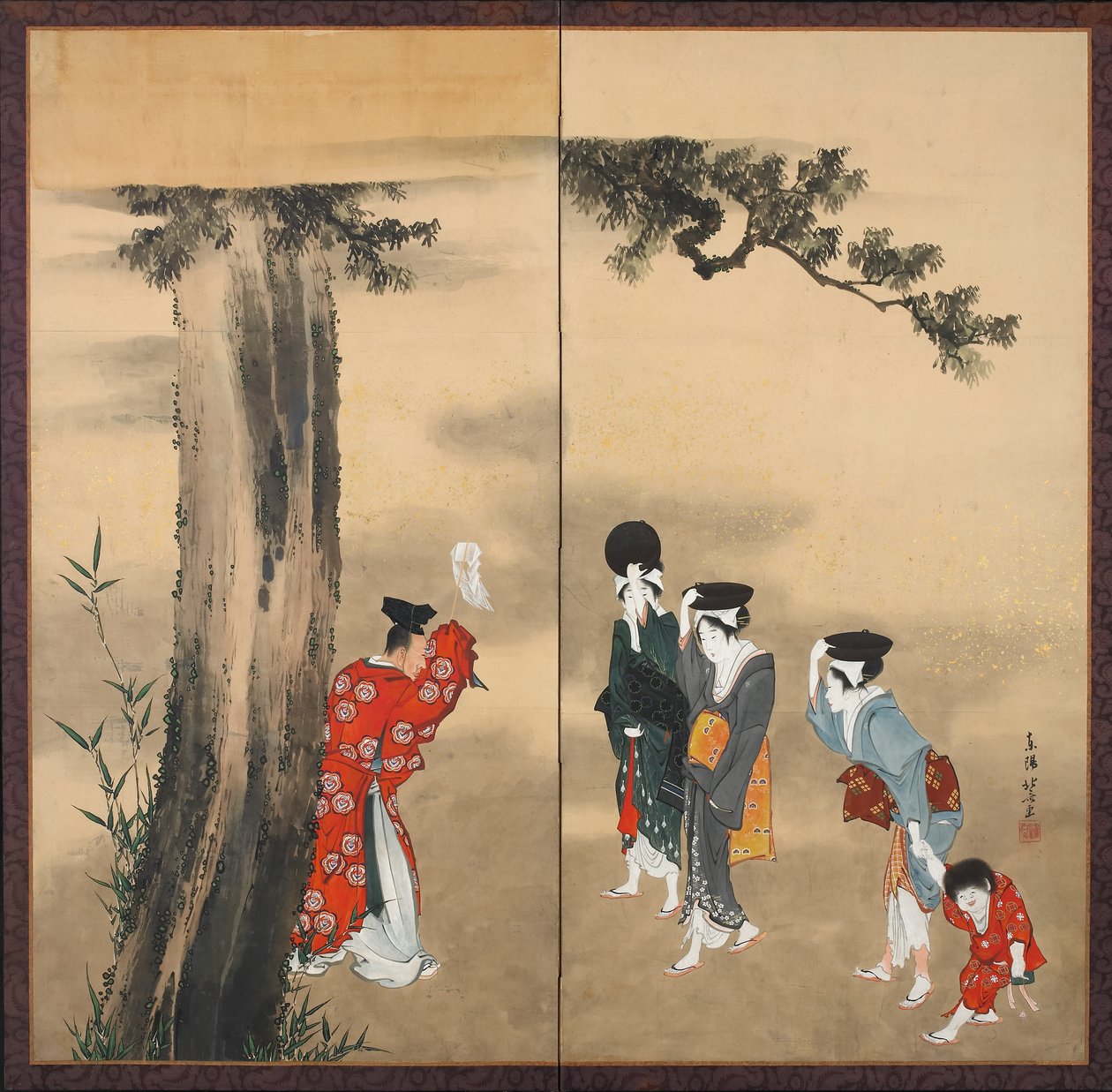 एक शिन्तो पुजारी, तीन महिलाएं और एक बच्चा, ईदो अवधि, c.1799 (स्याही, कागज पर सोने का रंग) द्वारा कत्सुशिका होकुसाई