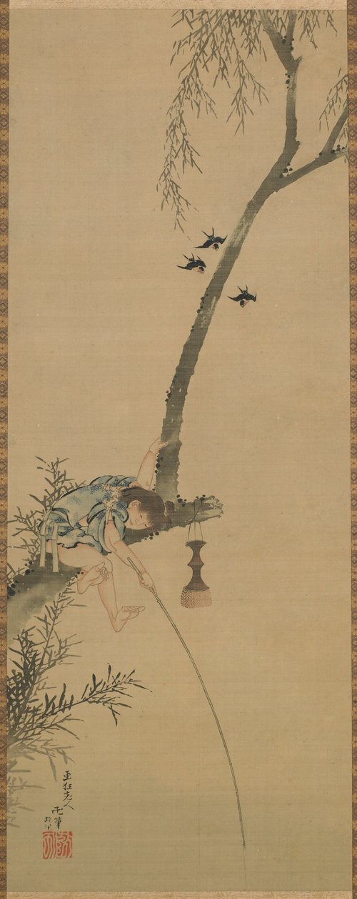 एक पेड़ के अंग से मछली पकड़ने वाला लड़का, ईदो काल, 1839। द्वारा कत्सुशिका होकुसाई