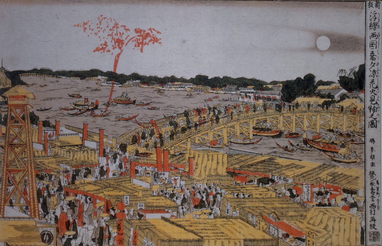 रयोगोकू ब्रिज पर आतिशबाजी, सी। 1785 द्वारा कत्सुशिका होकुसाई
