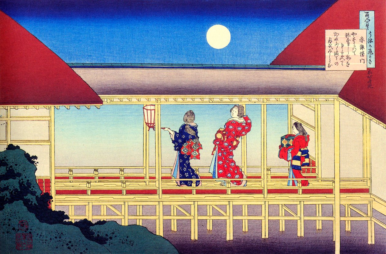 एक सौ कवियों द्वारा श्रृंखला सौ कविताएँ से: अकाज़ोम इमोन, c1830। द्वारा कत्सुशिका होकुसाई