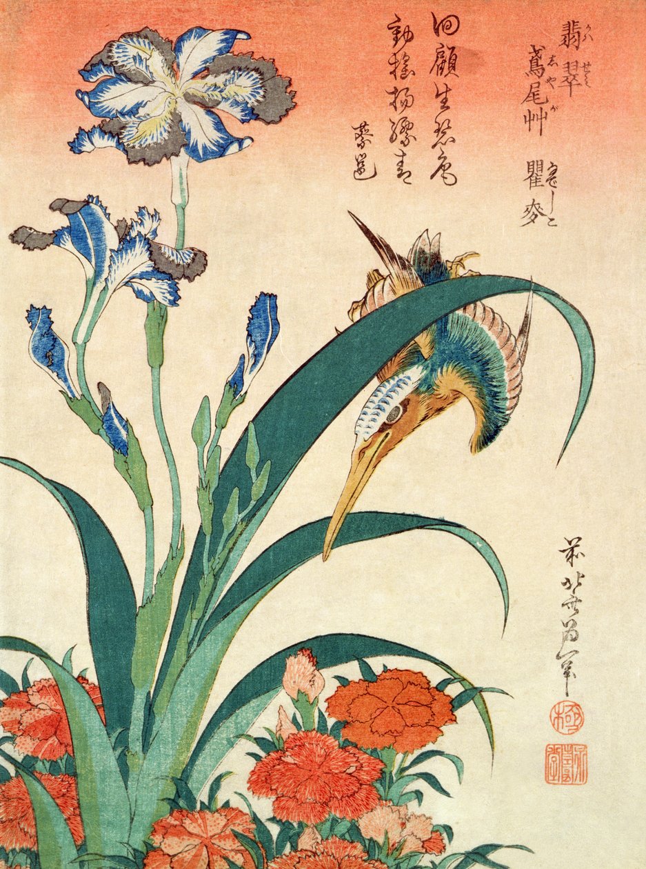 किंगफिशर, आइरिस और पिंक, पब। Nishimura Eijudo द्वारा, c.1832, दस प्रिंटों के सेट में से एक, (चूबन आकार, रंग लकड़ी के कपड़े) द्वारा कत्सुशिका होकुसाई