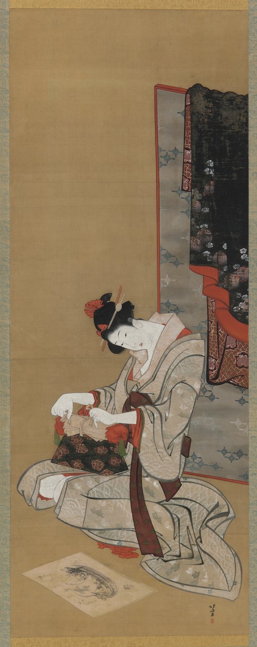 नए साल का रिवाज: नए साल की सुबह पर मेकअप, ईदो की अवधि, c.1806-11 (रेशम पर स्याही का रंग) द्वारा कत्सुशिका होकुसाई