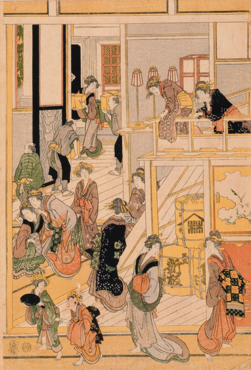 टीहाउस ओगी-य में नए साल का दिन। c.1810 (कलर वुडब्लॉक प्रिंट) (सेट के लिए देखें 277796-277798) द्वारा कत्सुशिका होकुसाई