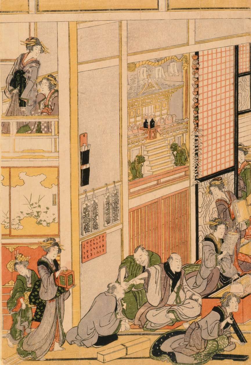 टीहाउस ओगी-य में नए साल का दिन। c.1810 (कलर वुडब्लॉक प्रिंट) (सेट के लिए 277765 और 277797-277798 देखें) द्वारा कत्सुशिका होकुसाई