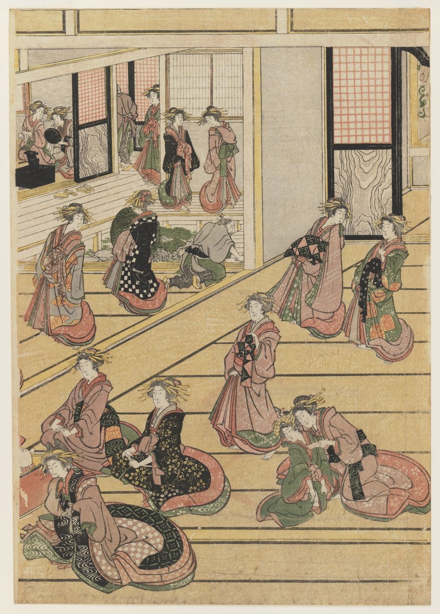 टीहाउस ओगी-हां में नए साल के दिन। c.1810 (कलर वुडब्लॉक प्रिंट) (सेट के लिए 277795-277797 देखें) द्वारा कत्सुशिका होकुसाई