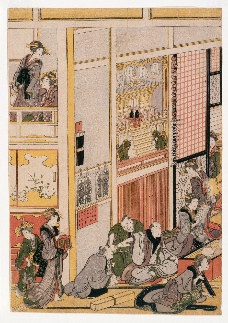 टीहाउस ओगी-य के नए साल के दिन, c.1810 (वुडब्लॉक प्रिंट) (406533, 406535 और 406536 देखें) द्वारा कत्सुशिका होकुसाई