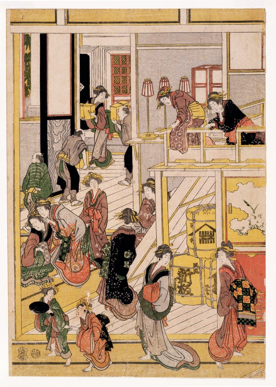 टीहाउस ओगी-य के नए साल के दिन, c.1810 (वुडब्लॉक प्रिंट) (406534, 406535 और 406536 देखें) द्वारा कत्सुशिका होकुसाई