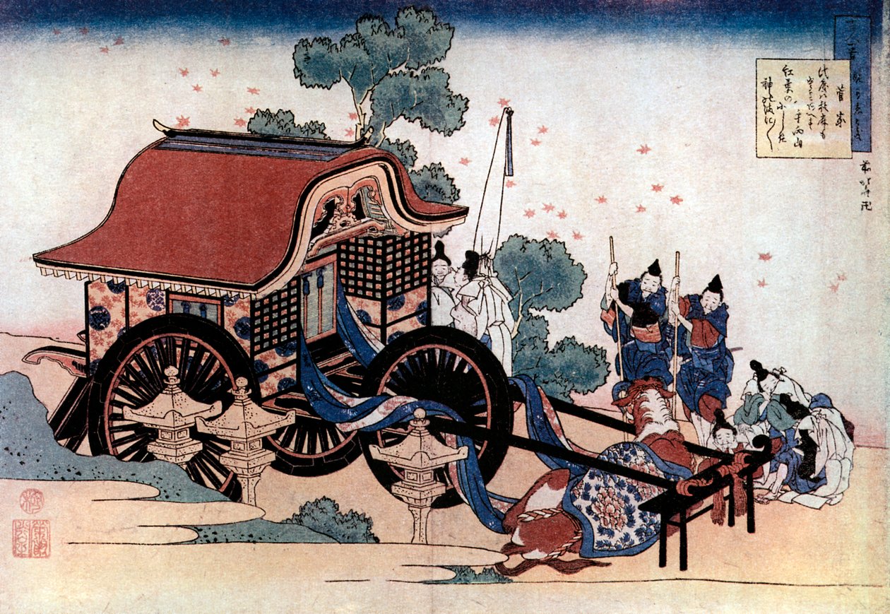 तीन पहियों वाली गाड़ी खींचना, जापानी वुडकट, c1780-1849। द्वारा कत्सुशिका होकुसाई