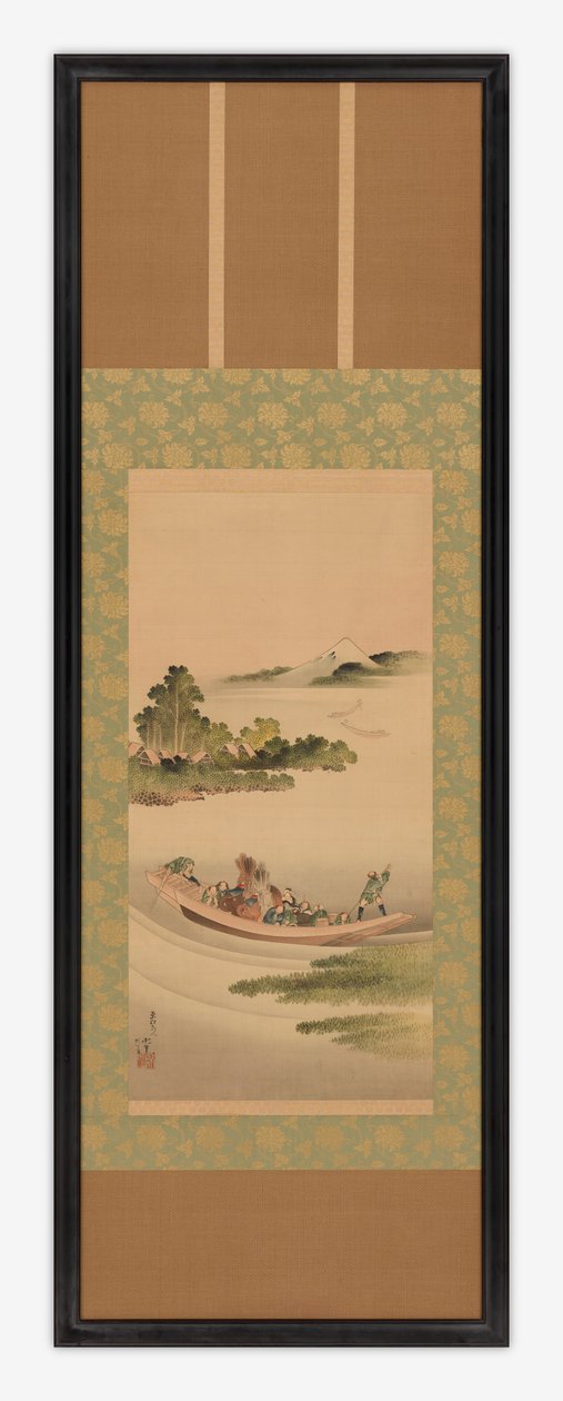 रिवर लैंडस्केप: फेरी-बोट और माउंट फ़ूजी, ईदो काल, 1842। द्वारा कत्सुशिका होकुसाई