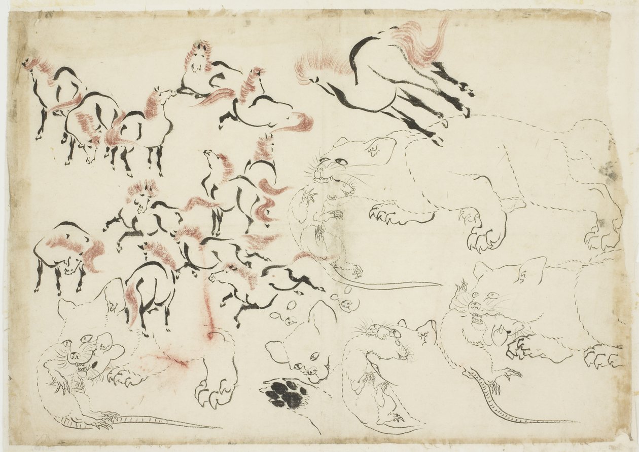 घोड़े, बिल्लियों और चूहों का अध्ययन ("होकुसाई मंगा" से), c.1815-1849 (कागज पर स्याही और रंग) द्वारा कत्सुशिका होकुसाई