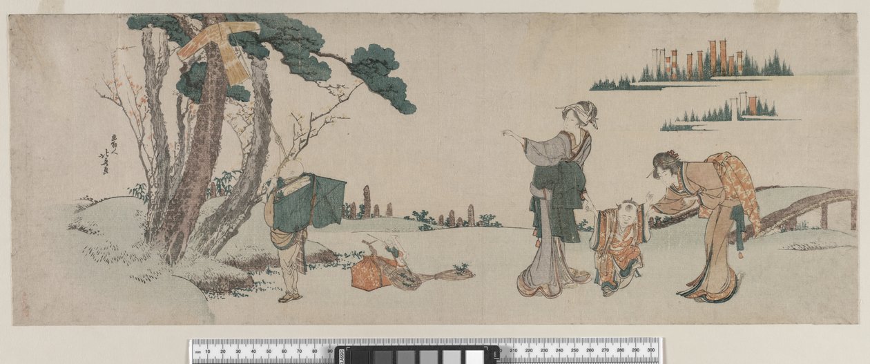 एक बच्चे को विचलित करने वाली महिलाएं जिनकी पतंग एक पेड़, ईदो काल, c.1800 में पकड़ी गई है द्वारा कत्सुशिका होकुसाई