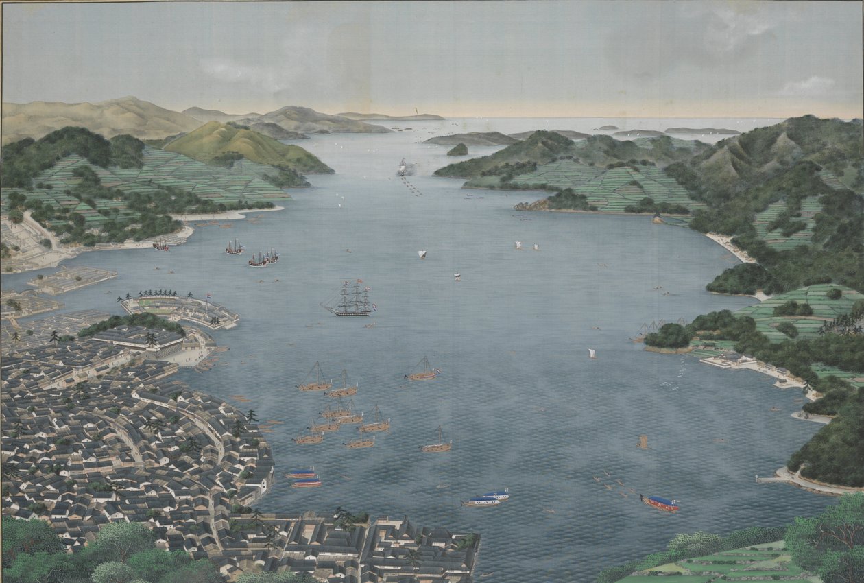 नागासाकी हार्बर, c.1800-50 (रेशम पेंटिंग) द्वारा कवहारा कीगा