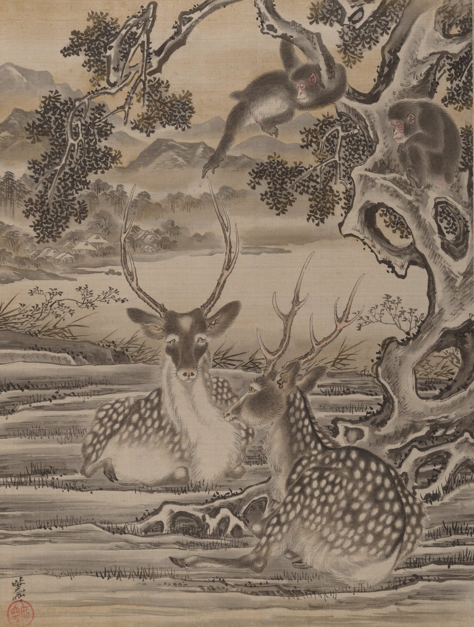 हिरण और बंदर, सीए। 1887। द्वारा कवनाबे क्योसई