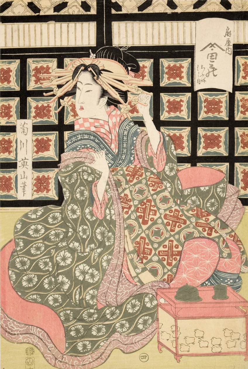 Eizan द्वारा Ukiyo-e प्रिंट ऑफ कोर्टेसन, c.1810 (रंगीन वुडब्लॉक प्रिंट) द्वारा किकुकावा ईज़ान