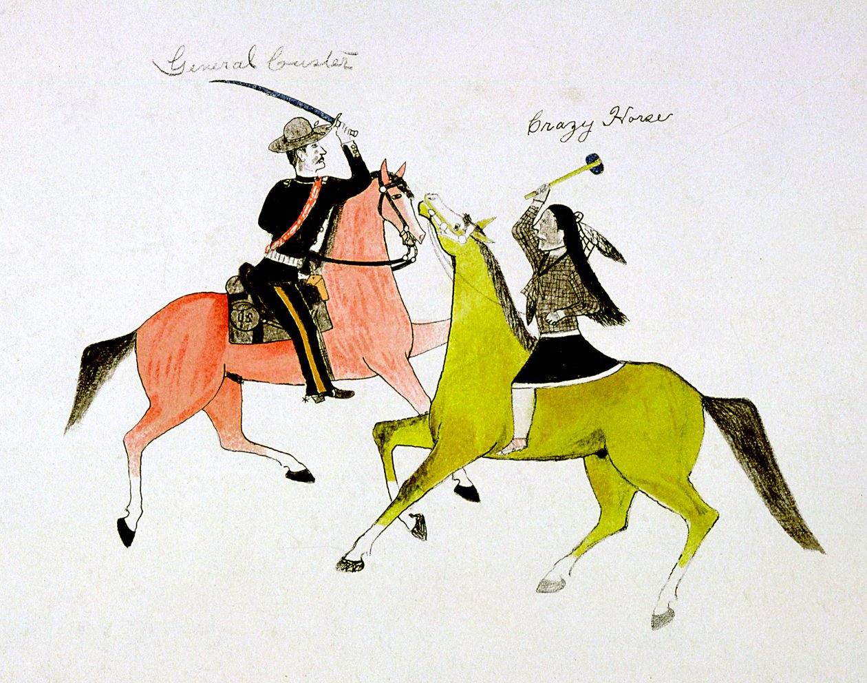 जनरल जॉर्ज कस्टर 1839-1876 और क्रेज़ी हॉर्स, सिओक्स डकोटा इंडियन के बीच संघर्ष। द्वारा दो को मारता है