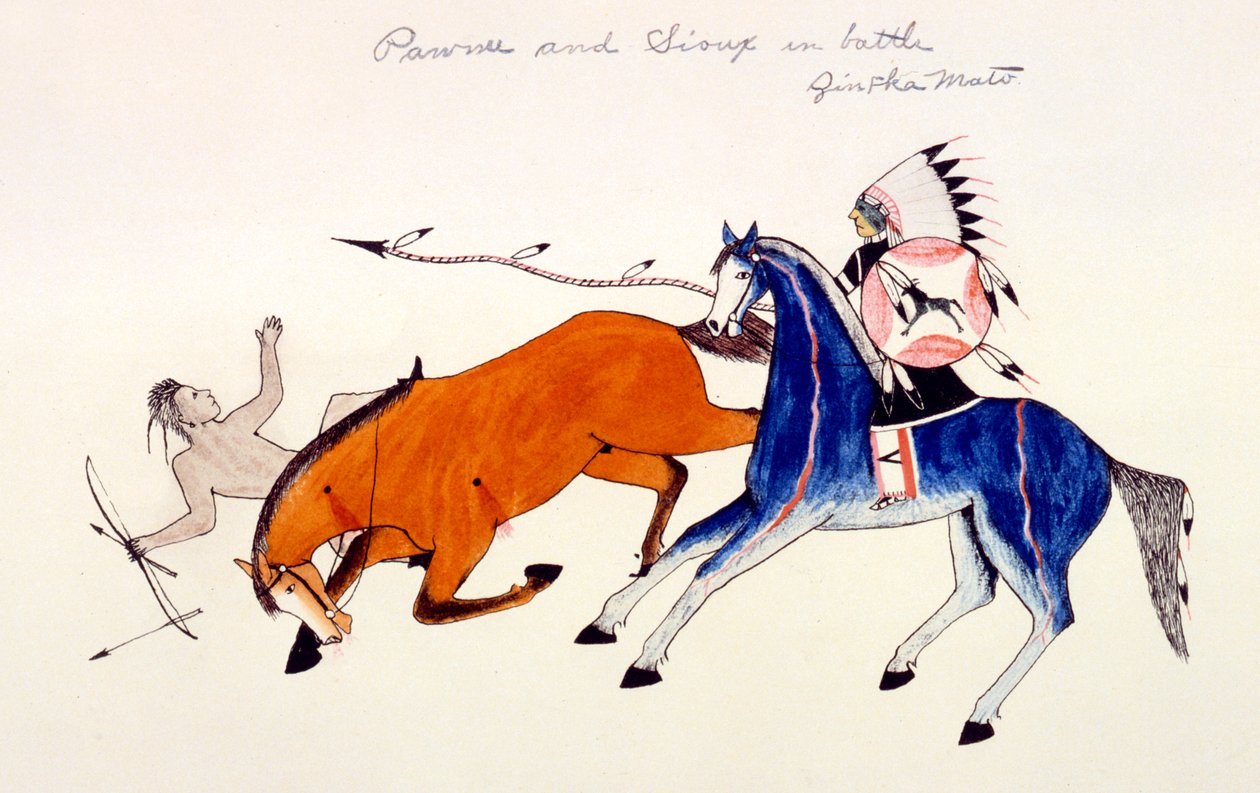 डकोटा Sioux योद्धा Zintka Mato डॉग भालू द्वारा एक Pawnee योद्धा की अनसुनी, c1889-1927। द्वारा दो को मारता है