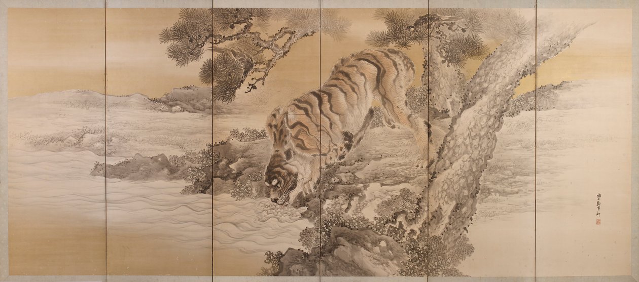 पीने वाले बाघ को दर्शाती छह-गुना स्क्रीन, 1749-1838 द्वारा किषि गंकु