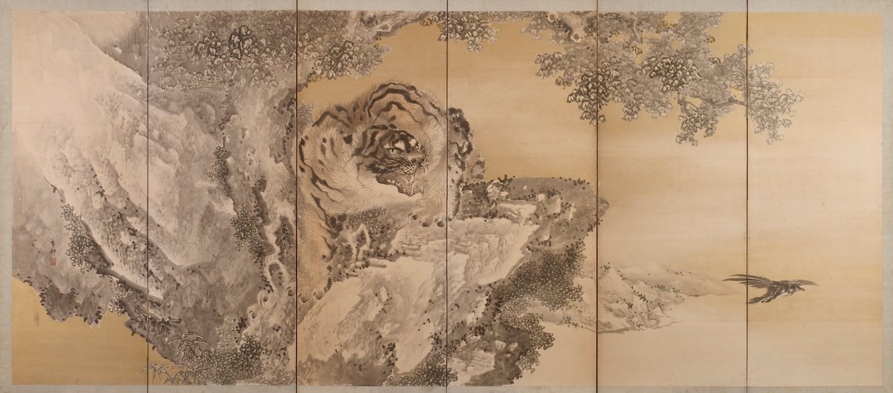 एक गर्जन वाले बाघ को दर्शाती छह-गुना स्क्रीन, 1749-1838 द्वारा किषि गंकु