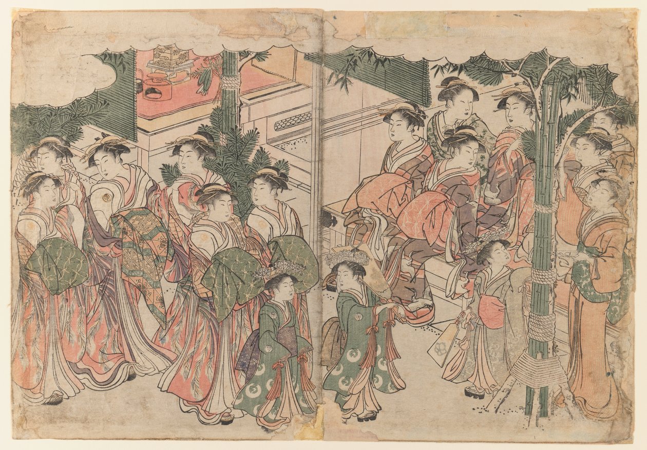 न्यू ईयर फेस्टिवल में सौजन्य से प्रवेश, c.1785 (डिप्टीच) द्वारा किटगावा उतामारो