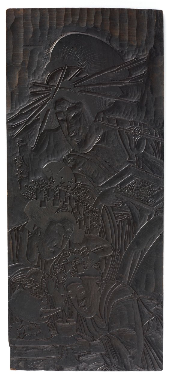 तीन महिलाओं की आकृतियों का डिज़ाइन, ईदो काल, 1753-1806। द्वारा किटगावा उतामारो