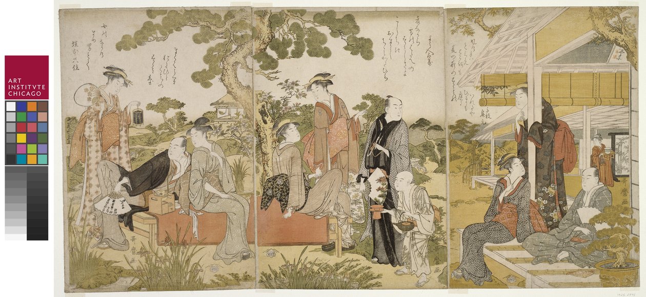 एक बगीचे में कूल का आनंद लेते हुए, ओबैन ट्रिप्टिक, c.1788-90 द्वारा किटगावा उतामारो