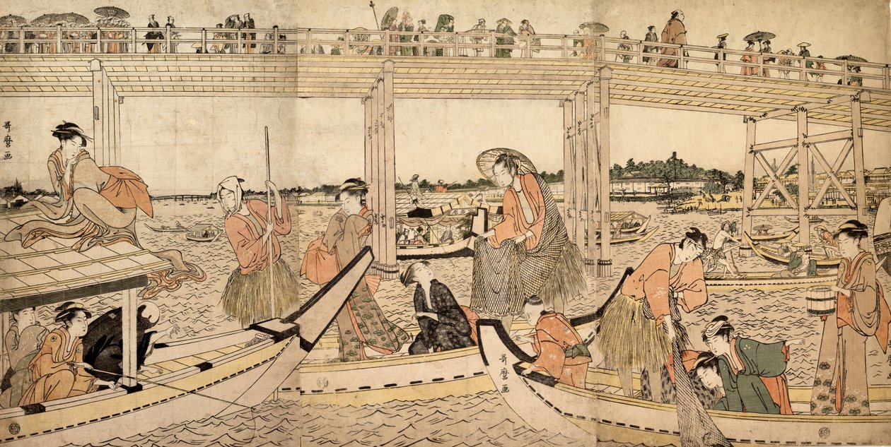 1790 के रयोगोकू ब्रिज के नीचे जाल के साथ मछली पकड़ने वाली नावें। द्वारा किटगावा उतामारो