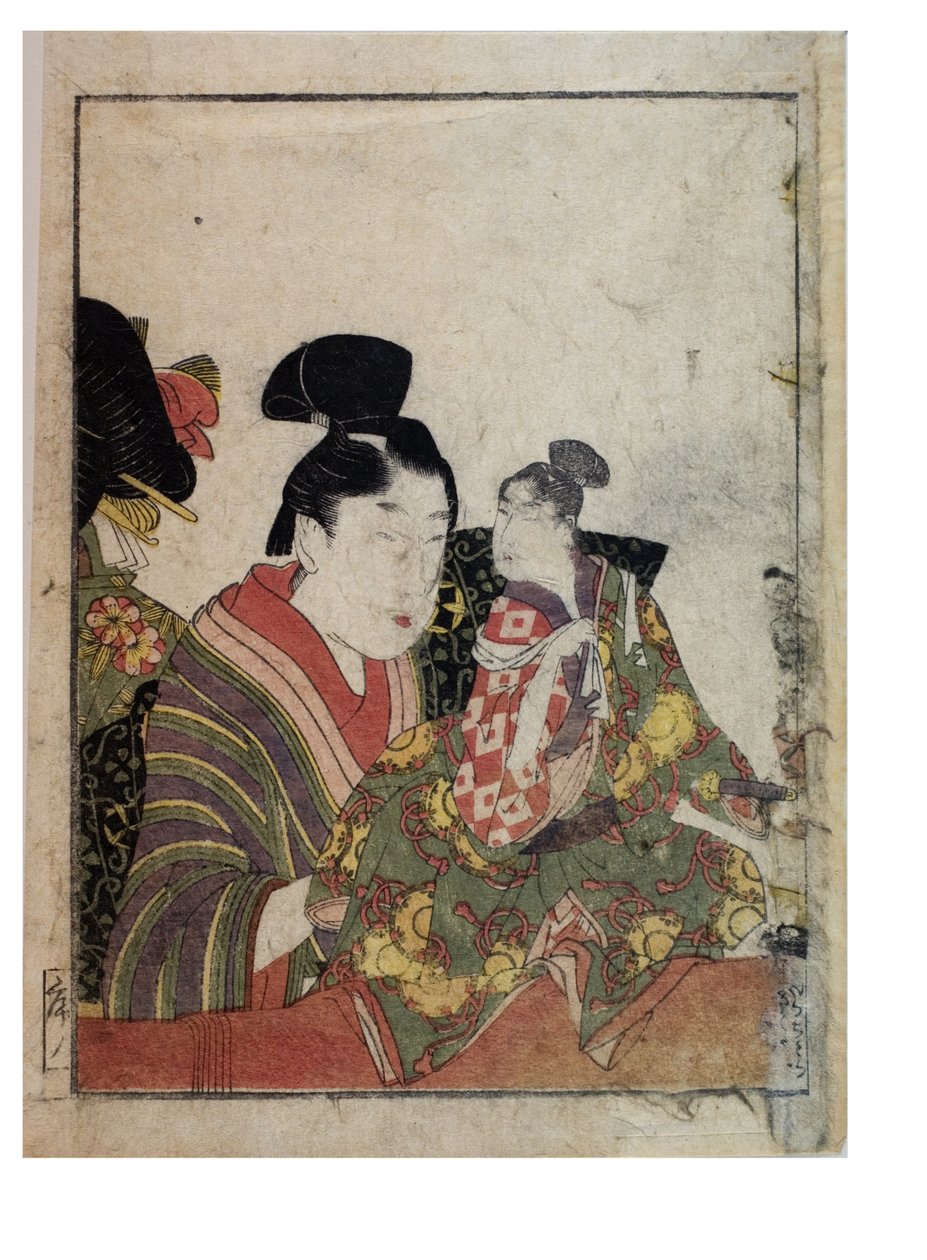 पुरुष और महिला जोड़तोड़ के साथ कठपुतली दृश्य, c. 1758-1806 (कागज पर वुडब्लॉक प्रिंट) द्वारा किटगावा उतामारो