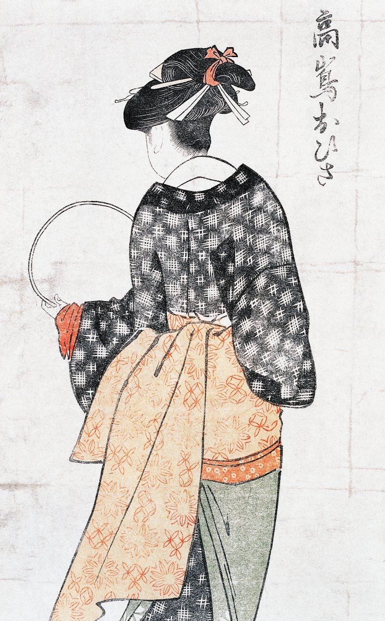 ताकाशिमा टीहाउस से ओहिसा, पंखे के साथ किमोनो में महिला, कितागावा उतामारो (1753-1806), वुडकट, जापानी सभ्यता, ईदो काल द्वारा ukiyo-e कला प्रिंट द्वारा किटगावा उतामारो