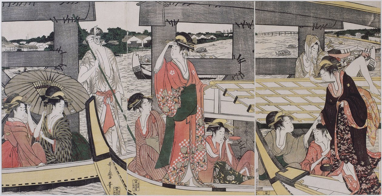 ऊपर और नीचे Ryogoku ब्रिज, सी। 1796 द्वारा किटगावा उतामारो
