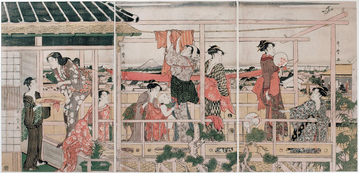 कपड़े सुखाने - उतामारो, कितागावा (1753-1806) द्वारा कपड़े सुखाने, सी। 1790 - रंगीन वुडकट, 37.3x75.8 - निजी संग्रह द्वारा किटगावा उतामारो