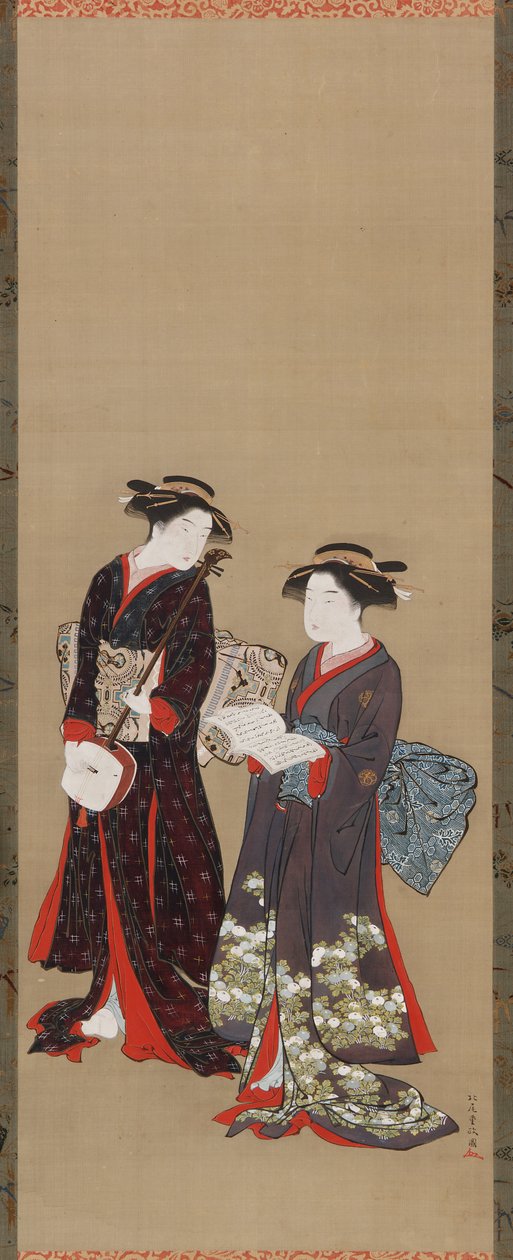 दो लड़कियां खड़ी हैं, एक खुली किताब पकड़े हुए, 1615-1868। द्वारा किताओ शिगेमासा