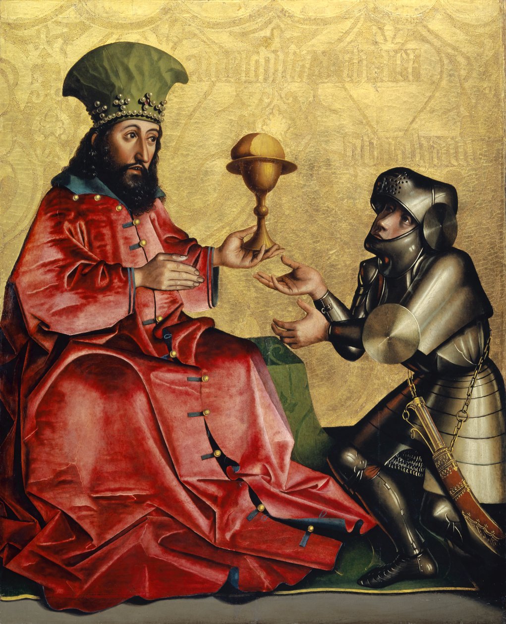 हेलेस्पीगेल अल्टारपीस के मेलिसेडेक से पहले इब्राहीम, c.1435 (ओक पैनल पर मिश्रित मीडिया) द्वारा कोनराड जिट्ज़
