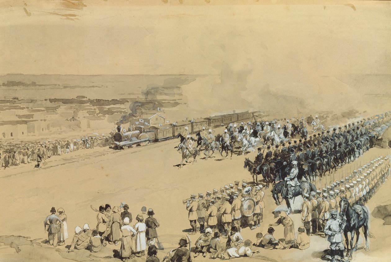 द फर्स्ट ट्रेन, 1883 (कार्डबोर्ड पर wc und gouache) द्वारा कॉन्स्टेंटिन एपोलोनोविच सवेत्स्की