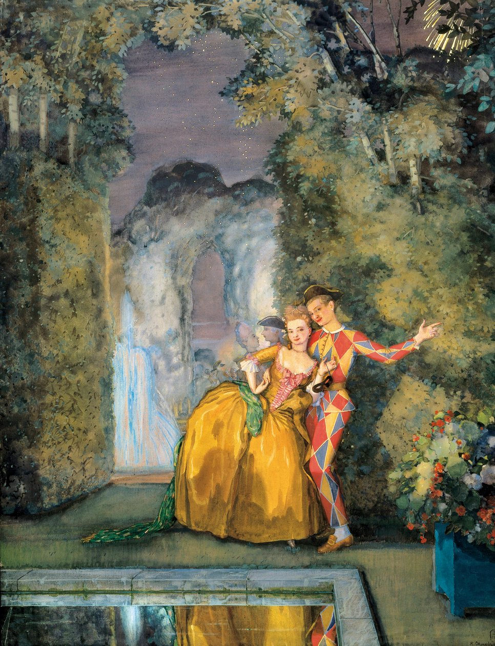 नौकरानी के साथ harlequin, c. 1900 (पानी के रंग का) द्वारा कोंस्टेंटिन एंड्रीविक सोमोव