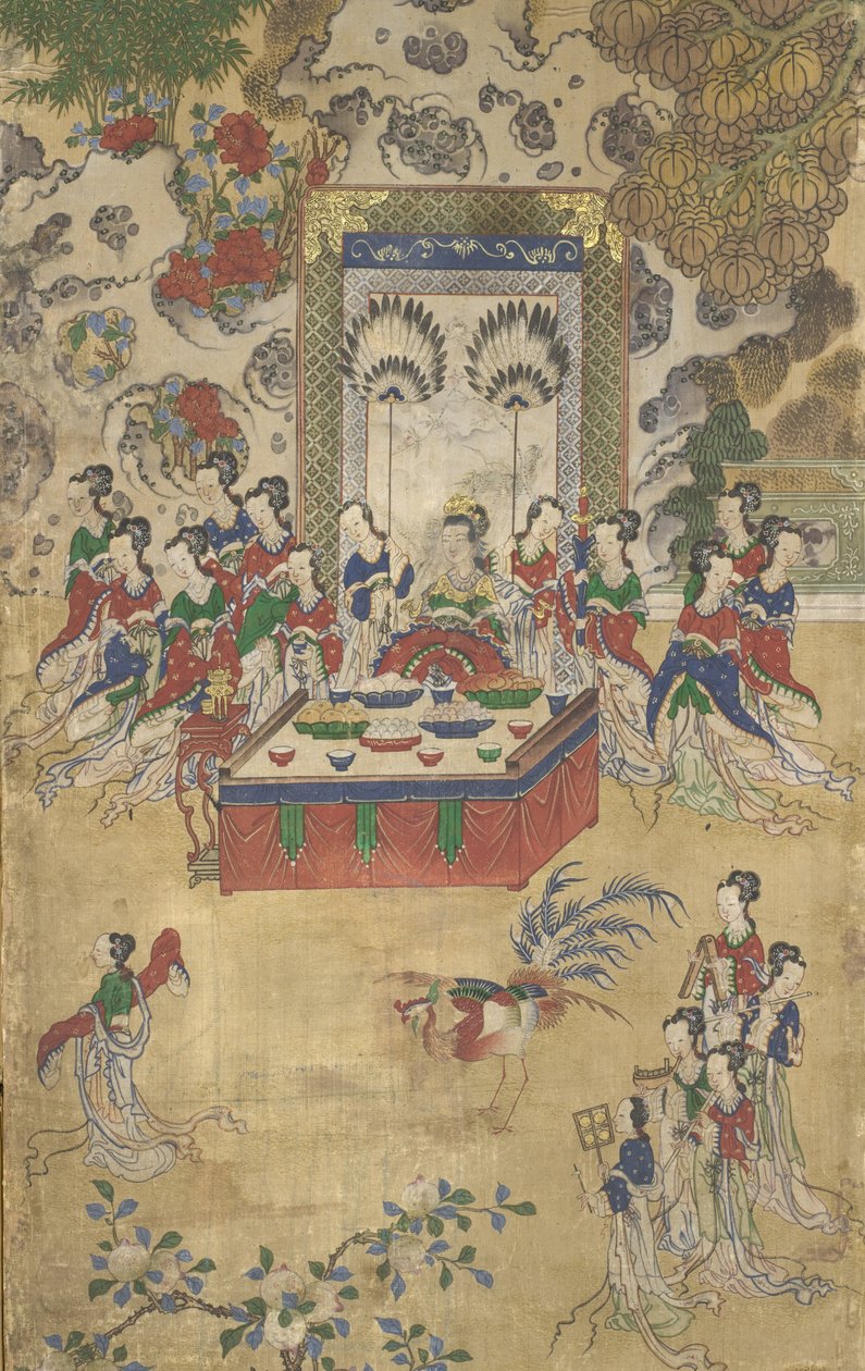 Seowangmo, Seowangmo के भोज से विस्तार, c.1800 (स्याही, रेशम पर रंग और सोना) द्वारा कोरियाई स्कूल
