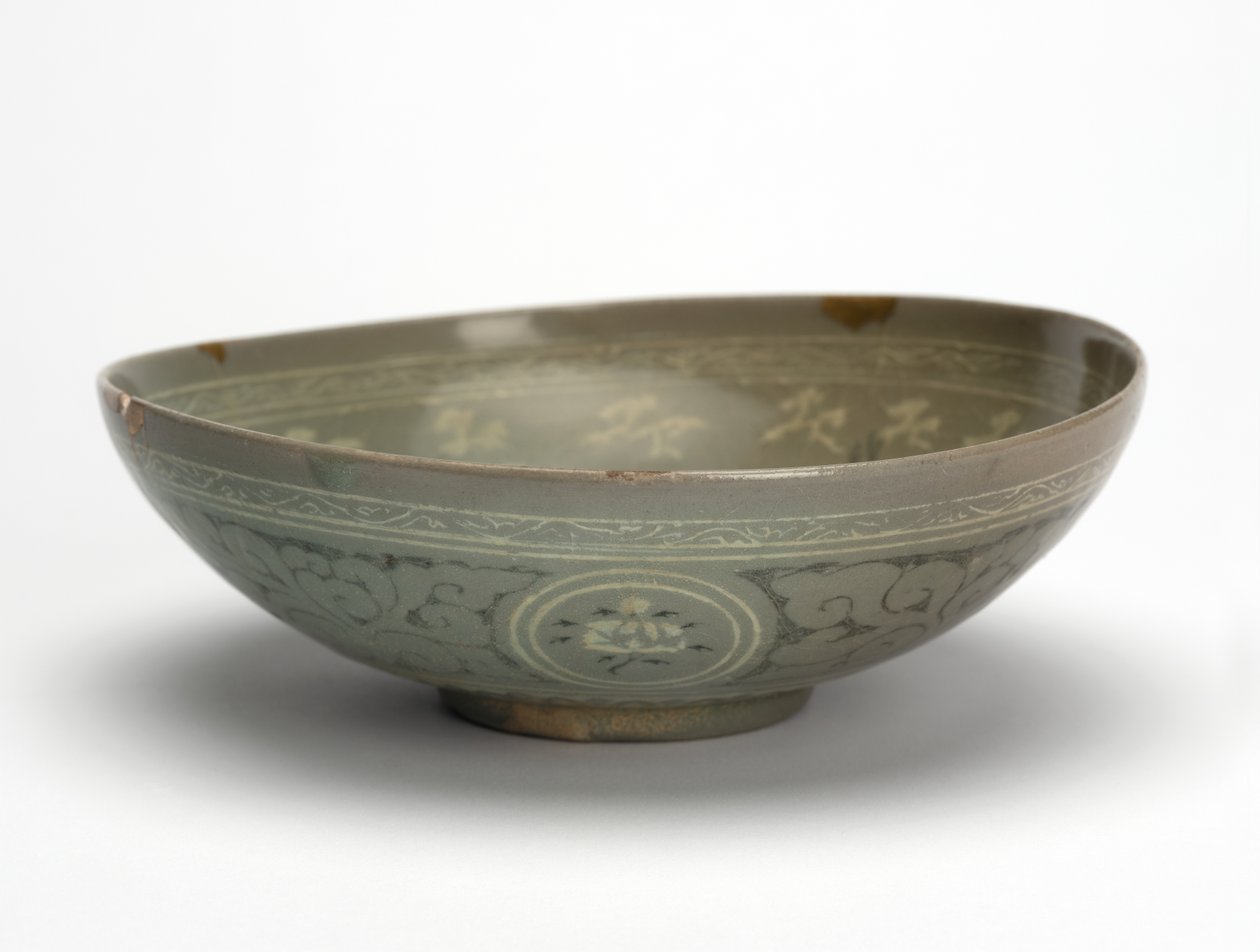 क्रेन और बादलों के साथ बाउल, c.1150-1200 (celadon- चमकता हुआ पत्थर का पात्र) द्वारा कोरियाई स्कूल
