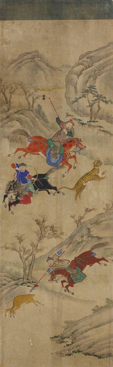 शिकार दृश्य (हिरण और बाघ का शिकार करने वाले 3 सवार) (wc कागज पर) द्वारा कोरियाई स्कूल