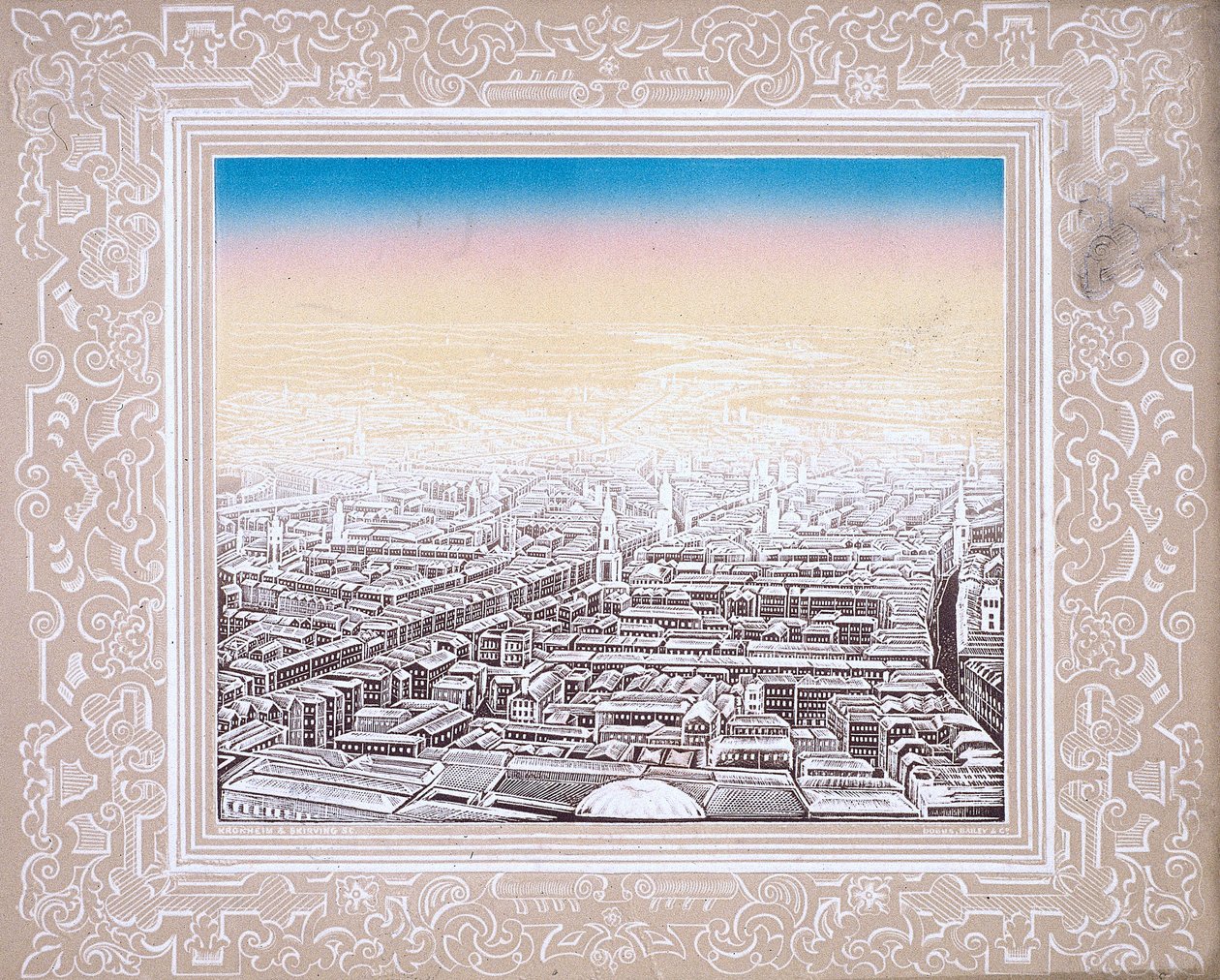 सजावटी सीमा में फंसा लंदन का हवाई दृश्य, c1845 द्वारा क्रोनहेम और सह
